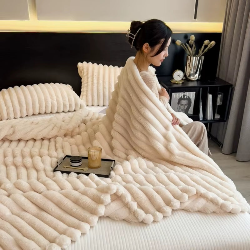 2025 Artificial Rabbit Plush Warm Blanket for Bed, Soft Coral Fleece Sofa Throw Blanket Comfortable Thicken Bed Sheet