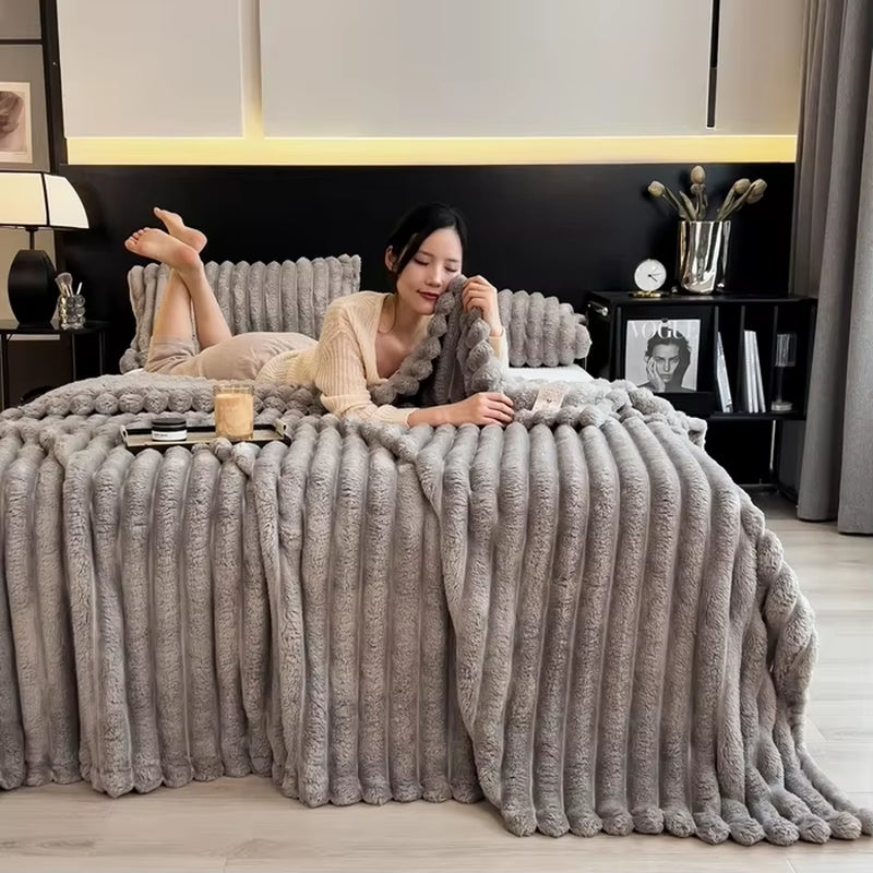 2025 Artificial Rabbit Plush Warm Blanket for Bed, Soft Coral Fleece Sofa Throw Blanket Comfortable Thicken Bed Sheet