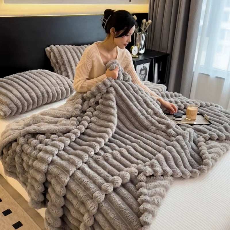 2025 Artificial Rabbit Plush Warm Blanket for Bed, Soft Coral Fleece Sofa Throw Blanket Comfortable Thicken Bed Sheet