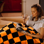 1PC Throw Checkerboard Black and Orange Flannel Blanket for Couch Bed Sofa Cozy Comfy Warm Halloween Decor for All Season