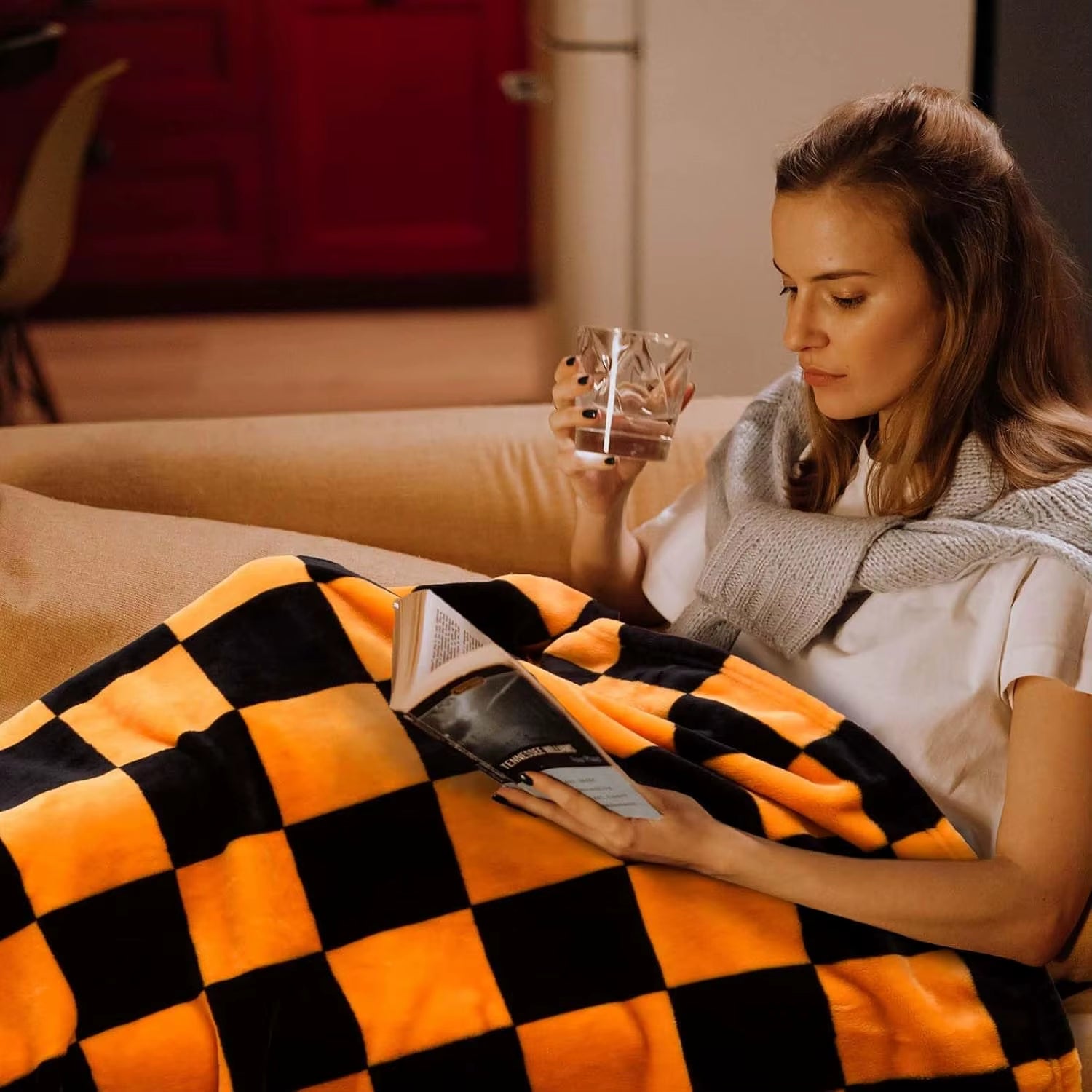 1PC Throw Checkerboard Black and Orange Flannel Blanket for Couch Bed Sofa Cozy Comfy Warm Halloween Decor for All Season
