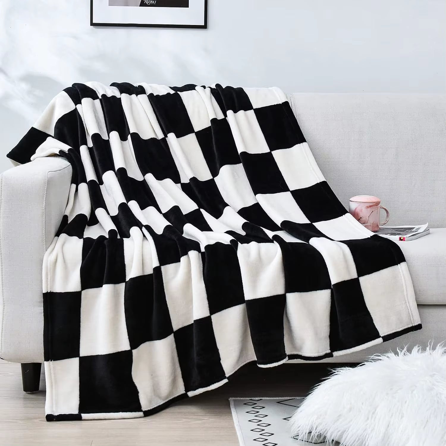1PC Throw Checkerboard Black and Orange Flannel Blanket for Couch Bed Sofa Cozy Comfy Warm Halloween Decor for All Season