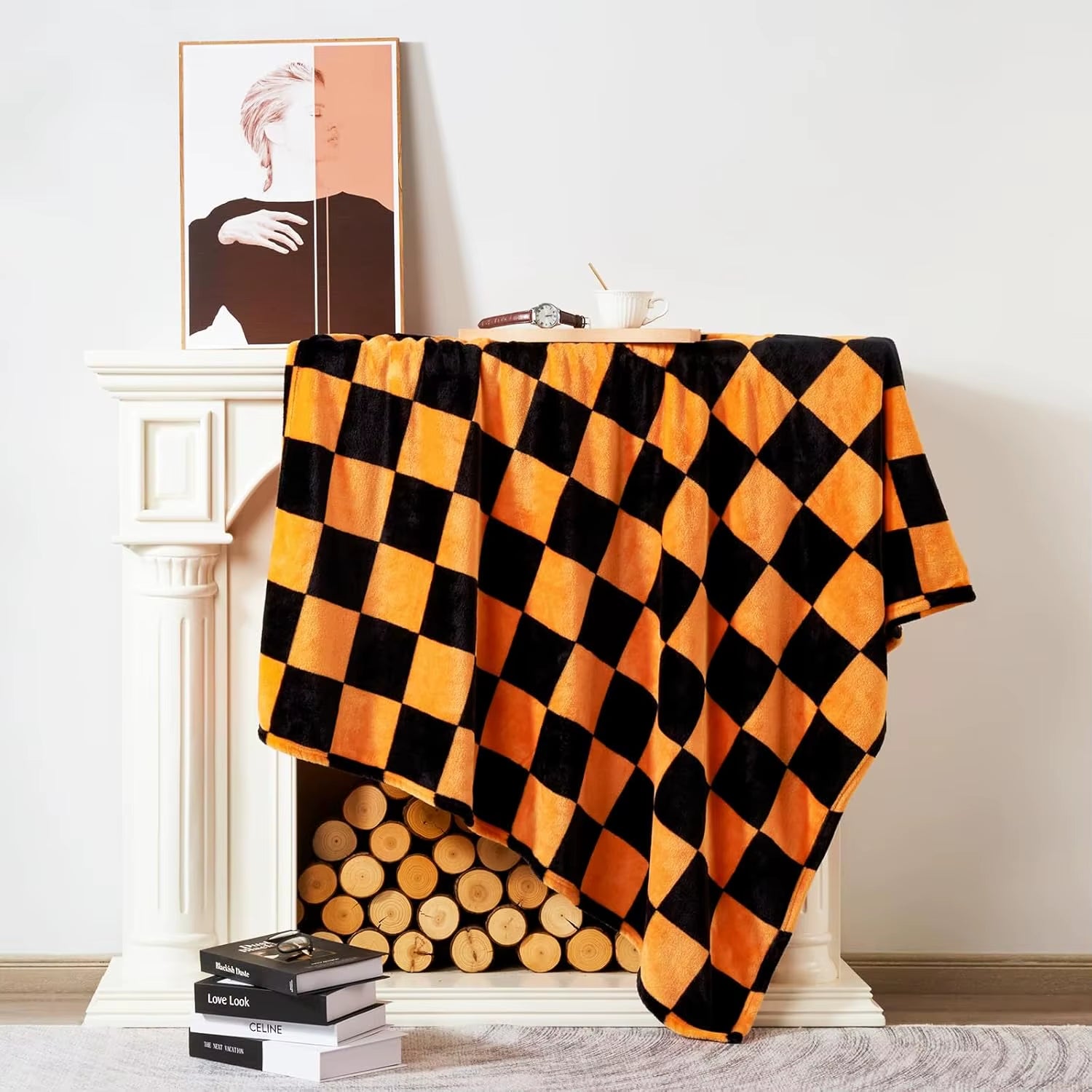 1PC Throw Checkerboard Black and Orange Flannel Blanket for Couch Bed Sofa Cozy Comfy Warm Halloween Decor for All Season
