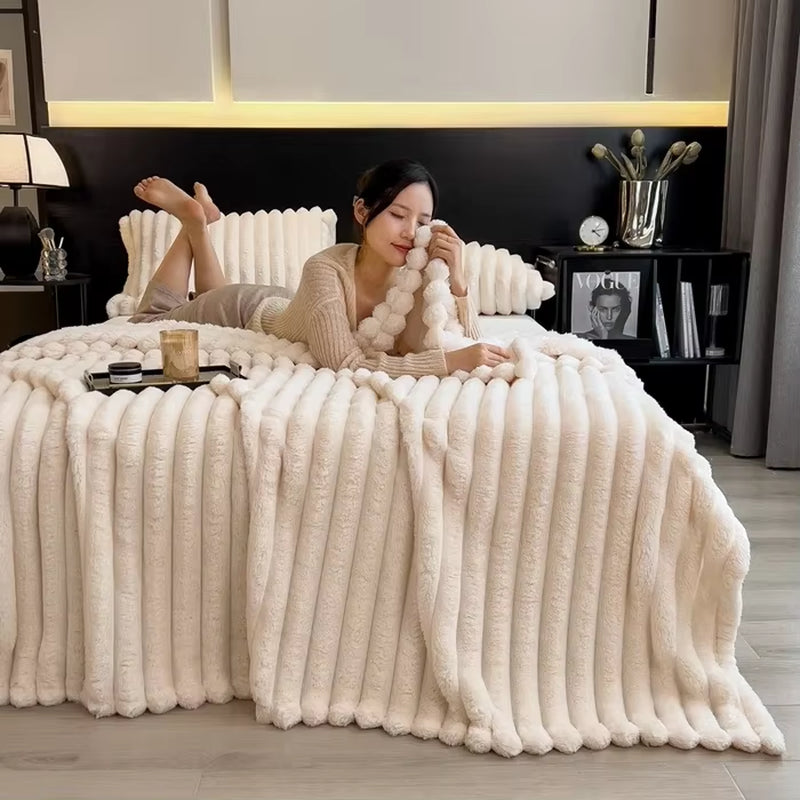2025 Artificial Rabbit Plush Warm Blanket for Bed, Soft Coral Fleece Sofa Throw Blanket Comfortable Thicken Bed Sheet